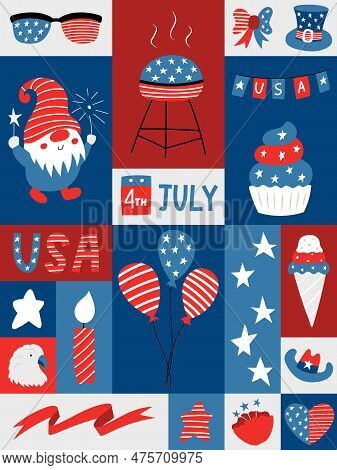 Graphic Poster With National Symblos Of Usa Independence Day. Greeting Card For 4th Of July. Gnome, 