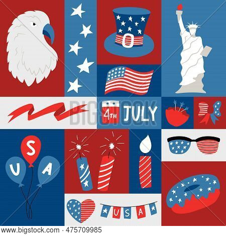 Square Graphic Poster With National Symblos Of Usa Independence Day. Geometric Greeting Card For 4th