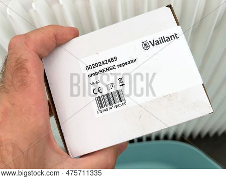 London, United Kingdom - Jan 1, 2022: A Close-up Of A Male Hand Holding A New Vaillant Ambisense Rep