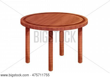 Wooden Table Round Desk Tectured In Comic Cartoon Style Isolated On White Background. Rustic Furnitu