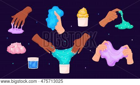Webset Of Human Hands Touching Colorful Slimes Flat Style
