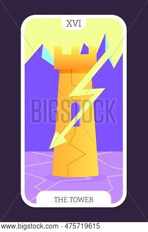 The Tower Tarot Cartoon Flat Card Template Major Arcana. Taro Vector Illustration Spiritual Signs Wi