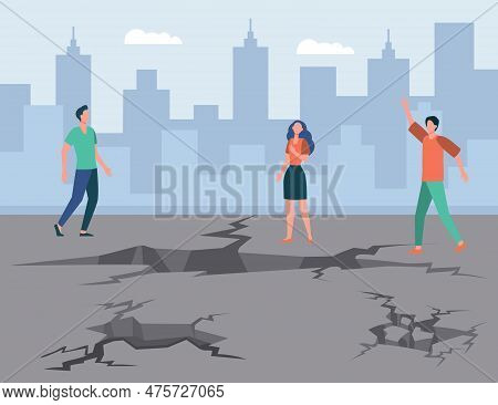 Scared People After Earthquake Vector Illustration. Cracked Ground Or Split Terrain And Survivors He