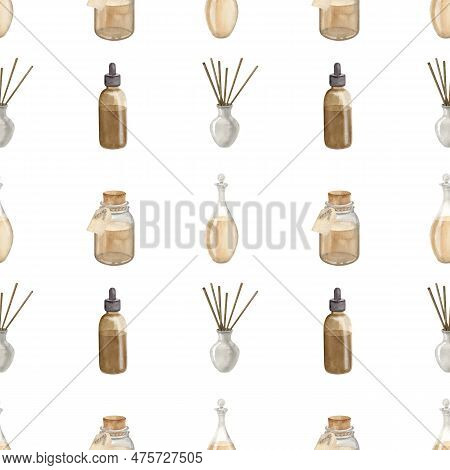 Seamless Pattern With Of Glass Bottles And Transparent Vintage Flacons. Hand Drawn Watercolor Illust