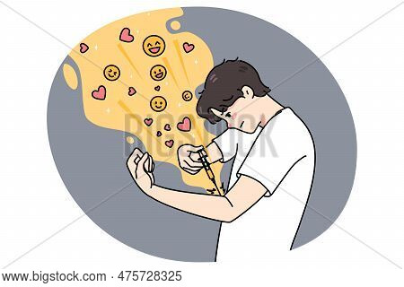 Young Man Inject Likes And Hearts With Syringe. Concept Of Public Approval And Social Media Addictio