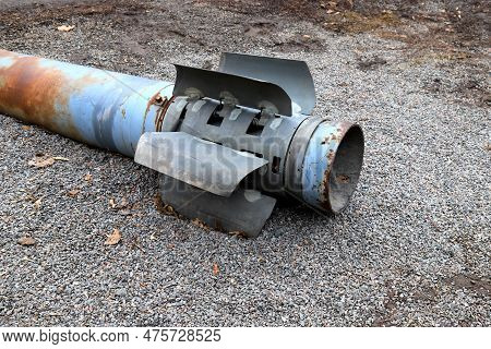 Downed Rocket In Ukraine. Fallen Russian Rocket After Attack On Ukrainian City. War Of Russia Agains