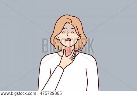 Woman Is Experiencing Thyroid Pain Associated With Hypothyroidism Or Cancer Of Endocrine System And 