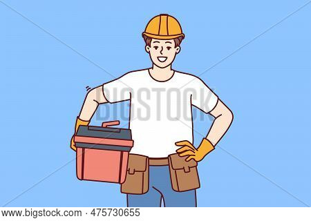 Male Foreman Holds Case Of Working Tools For Furniture Repair Or Plumbing Work And Looks At Screen W
