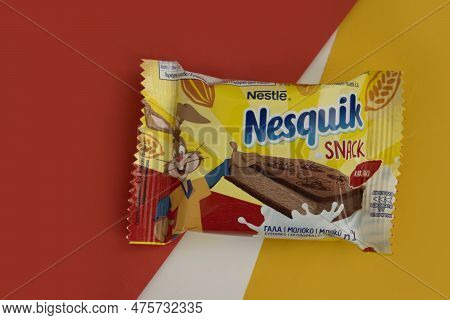 May 2, 2023 Ukraine City Kyiv Nesquik Snack On A Colored Background
