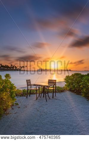 Outdoor Restaurant With Views Of Ocean And Beautiful Sky At Sunrise. Crossroads Maldives, Saii Lagoo