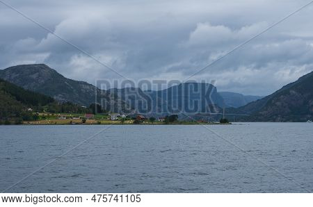 Sunny Norwegian Landscape. View Of The Route Of The Lauvvik - Oanes Ferry In Norway. July 2019