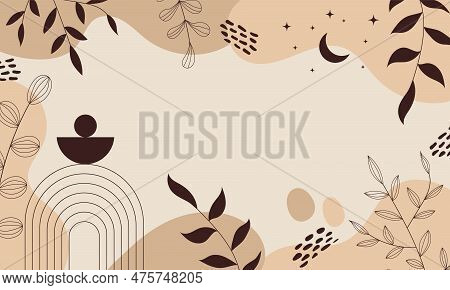 Aesthetic Background. Boho Background. Background With Rainbow, Moon, Leaves, Dots And Geometric Sha