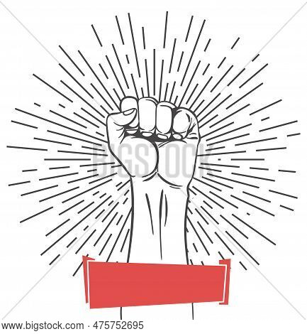 Rised Fist Hand Gesture Emblem. Vector Hand Clenched Into Fist And Rising Up, Symbol Isolated On Whi