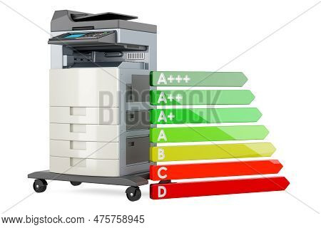 Office Multifunction Printer Mfp With Energy Efficiency Chart, 3d Rendering Isolated On White Backgr