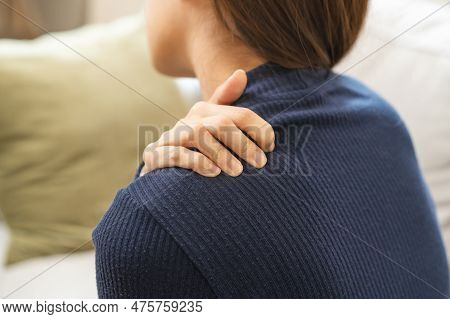 Body Muscles Stiff Problem, Asian Young Attractive Woman, Girl Pain With Back Pain Ache From Work, H