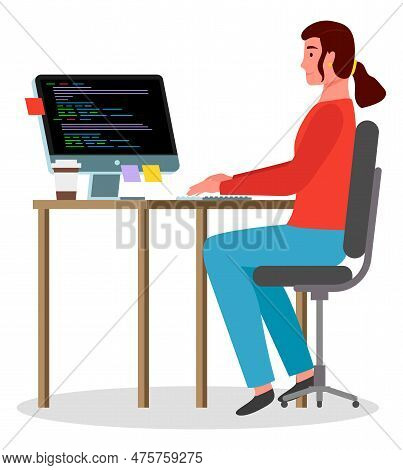 Workplace Of Woman With Computer, Office Worker Sitting At Table Typing At Keyboard, Coding, Busines
