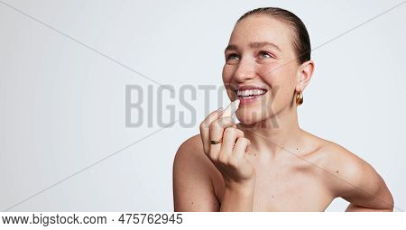 Cheerful Young Female Model With Brown Hair Freckles And Bare Shoulders Smiling Happily And Looking 