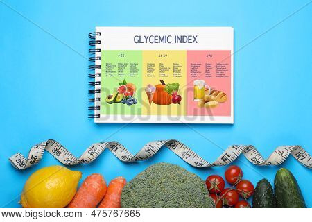 Glycemic Index. Information About Grouping Of Products Under Their Gi In Notebook, Measuring Tape, F