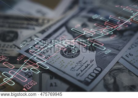 Closeup Benjamin Franklin Face On Usd Banknote With Stock Market Chart Graph For Currency Exchange A