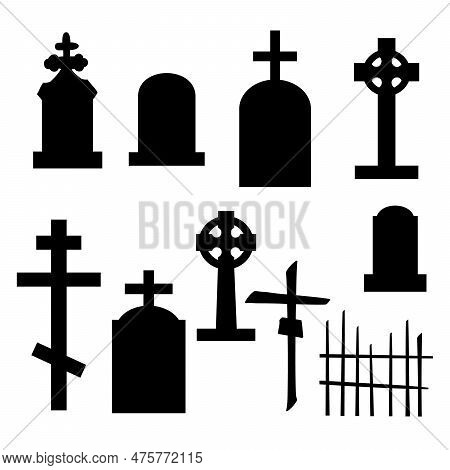 Set Of Tombstones Of Various Shapes. Collection Of Gravestone Icons For Halloween. Isolated On White