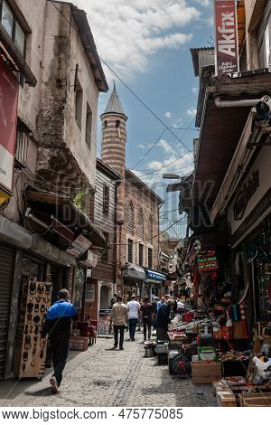 Istanbul, Turkey - May 21, 2022: Selective Blur On Kantarcilar Caddesi Street With Shops And A Mosqu