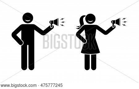 Stick Figure Man And Woman Holding Speaker Vector Illustration Set. Person With Loudspeaker Making A