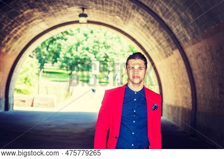 Businessman Traveling In New York. Dressing In Red Blazer, Pocket Square, Blue Collarless Shirt, A Y