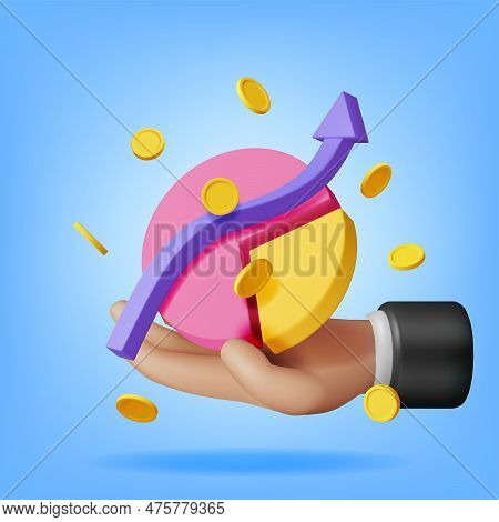 3d Pie Diagram With Golden Coins In Hand. Render Stock Pie With Money Shows Growth Or Success. Finan
