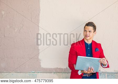 Businessman Traveling, Working In New York. Dressing In Red Blazer, Blue Collarless Shirt, A Young G