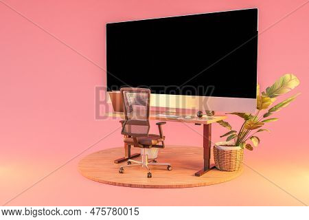 Isolated Computer Workspace On Wooden Podium With Giant Widescreen Monitor; Freelance And Home Offic