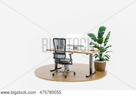 Isolated Computer Workspace On Wooden Podium With Giant Widescreen Monitor; Freelance And Home Offic