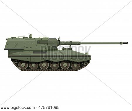 Self-propelled Howitzer In Flat Style. German 155 Mm Panzerhaubitze 2000. Military Armored Vehicle. 