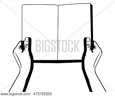 Two Hands Holding A Book With White Blank Paper. A Book Of Blank Pages. Two Hands And A Blank Book. 
