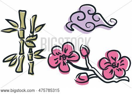 Set Of Illustrations Of Japanese Sakura Flower, Bamboo And Cloud