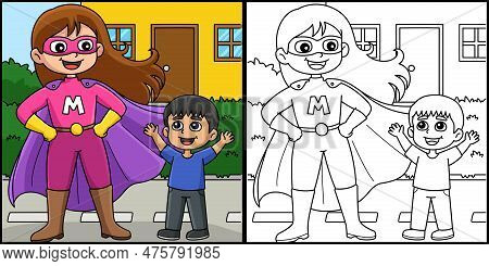 This Coloring Page Shows A Supermom. One Side Of This Illustration Is Colored And Serves As An Inspi