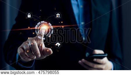Businessman Using Fingerprint To Access Personal Financial Information, Biosecurity. Cybersecurity A