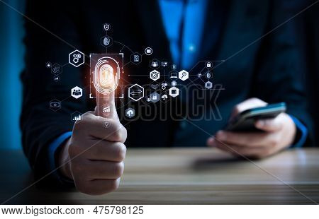 Businessman Using Fingerprint To Access Personal Financial Information, Biosecurity. Cybersecurity A