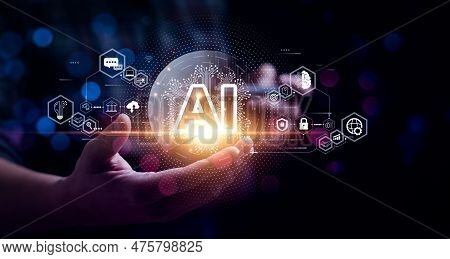 Businessman Touching The Brain Working Of Artificial Intelligence (ai) Automation, Predictive Analyt