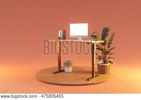 Isolated Computer Workspace On Wooden Podium With Standing Desk; Freelance And Home Office Concept; 