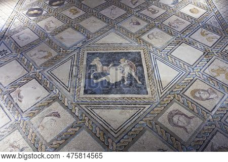 Alcala De Henares, Spain - Oct 10th, 2020: Achilles Slaying Penthesilea Mosaic. Regional Archaeologi