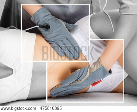 Doctor Cosmetologist Makes A Microcurrent Massage Procedure On The Belly Of A Beautiful Girl In A Be