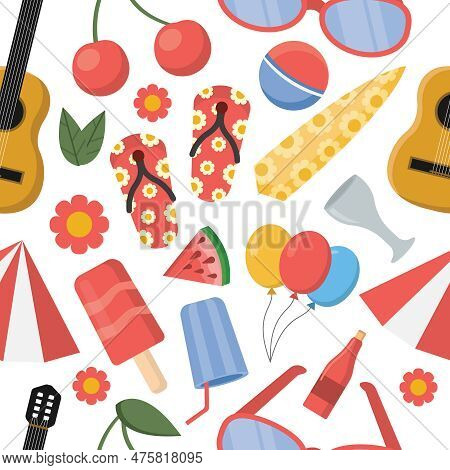Summer Seamless Pattern. Beach Items, Summer Vacation. Sunglasses, Ball, Surfboard, Champagne, Guita