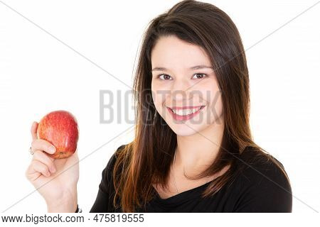 Smiling Young Woman With Healthy Teeth Holdinh Red Apple