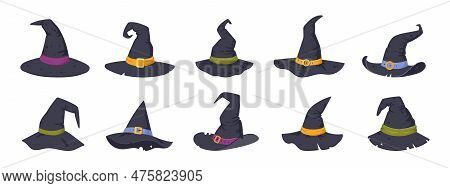 Cartoon Halloween Party Witch Hats, Witchcraft Party Costume Elements. Black Spooky Decorated Hats, 