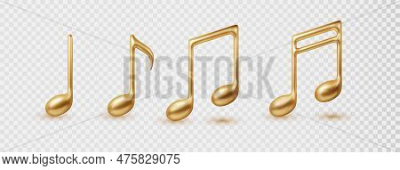 Musical Notes Icon In Golden Color Collection. Set Of Classic Music Symbols Concept. Vector 3d Reali