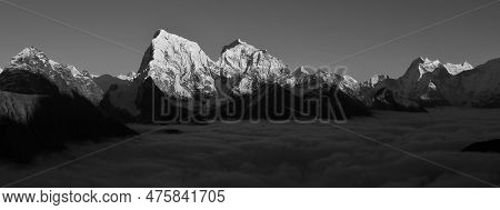 Snow Capped Mountains Cholatse, Taboche And Thamserku Seen From Gokyo Ri, Nepal.
