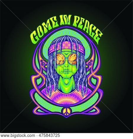 Hippies Alien Come In Peace With Art Nouveau Frame Illustrations Vector For Your Work Logo, Merchand