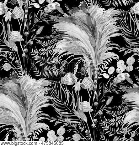 Seamless Black And White Pattern With Herbs And Pampas Grass And Dried Flowers Painted For Textile