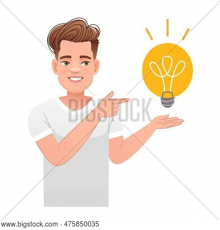 Young Man Holds A Light Bulb In Zero Gravity Over His Hand And Points At It. Man Has An Idea. Portra