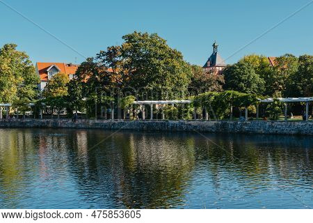 City Pond In Old European City Bietigheim-bissingen In Germany. The City Park Of Bietigheim-bissinge